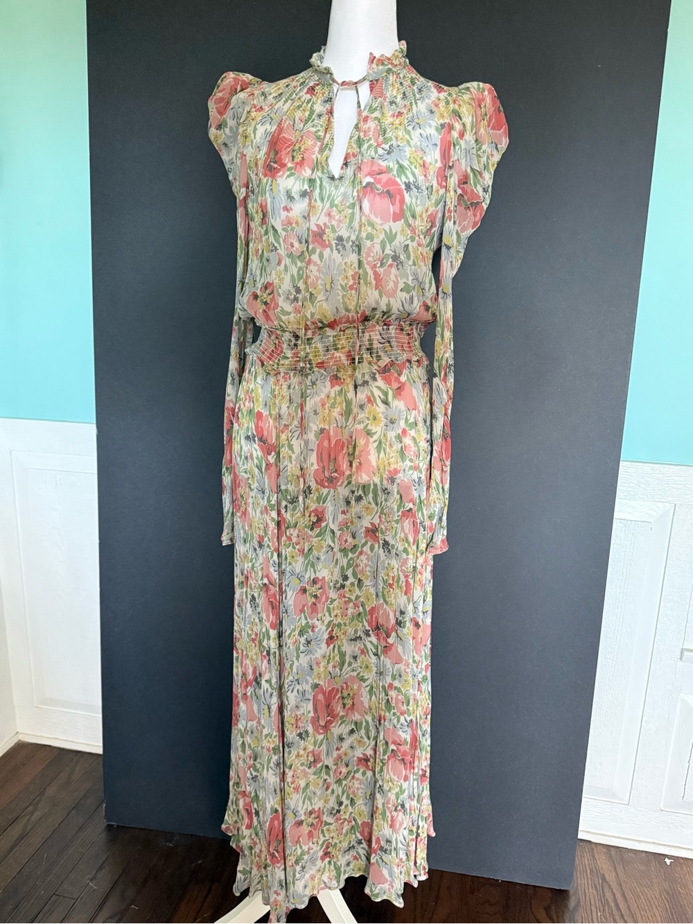 Polo Ralph Lauren Adrele Floral Long Puff Sleeve Smock Pleated Flounce Dress